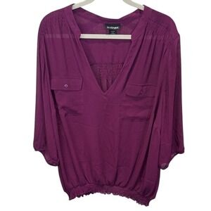 Lane Bryant Plus Size Top Blouse 26/28 Purple 3/4 Sleeve Shirred Detail Pockets‎
